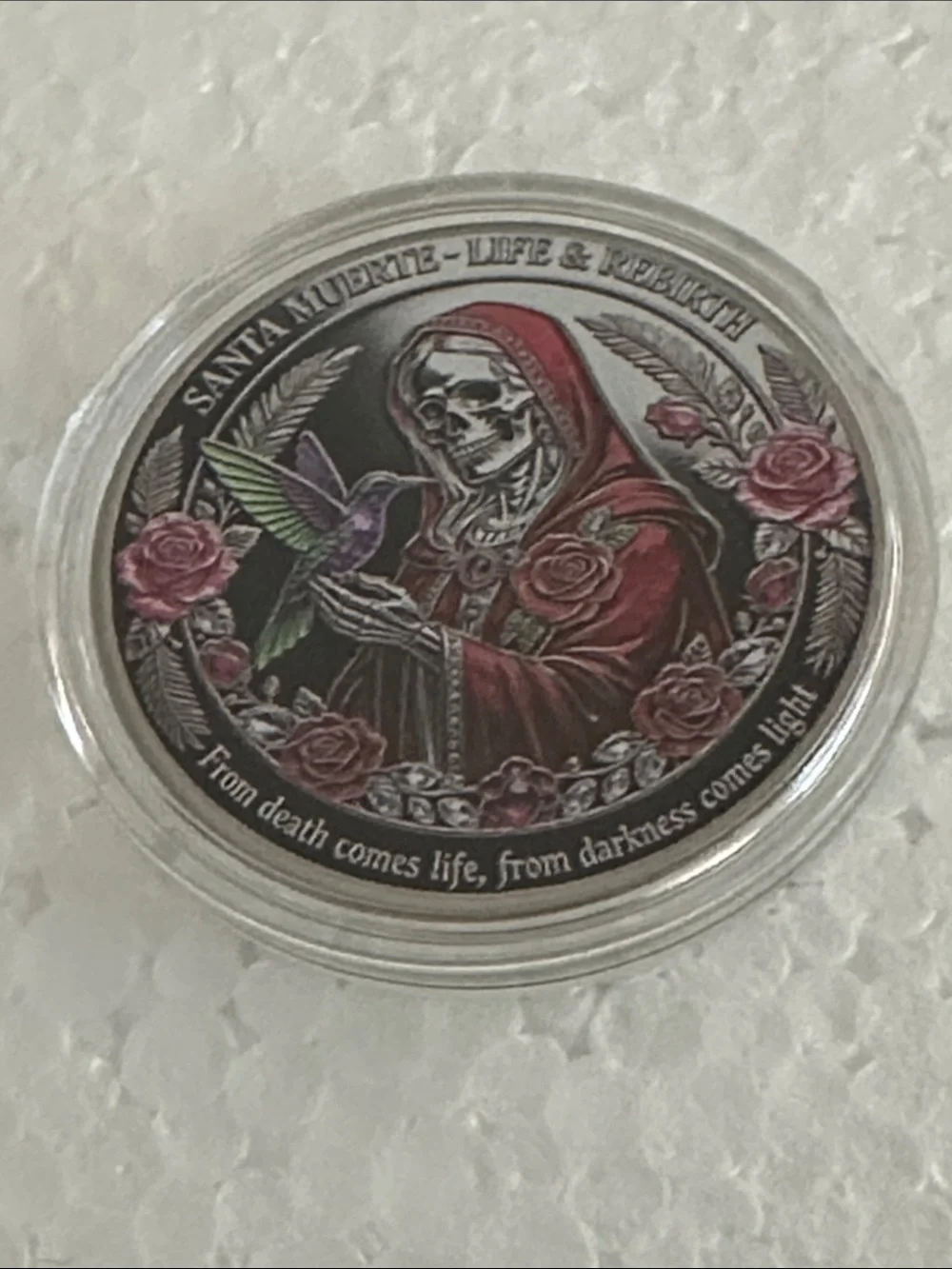 Santa Muerte Decorative Art Collectible Coin- Red & Pink Accent